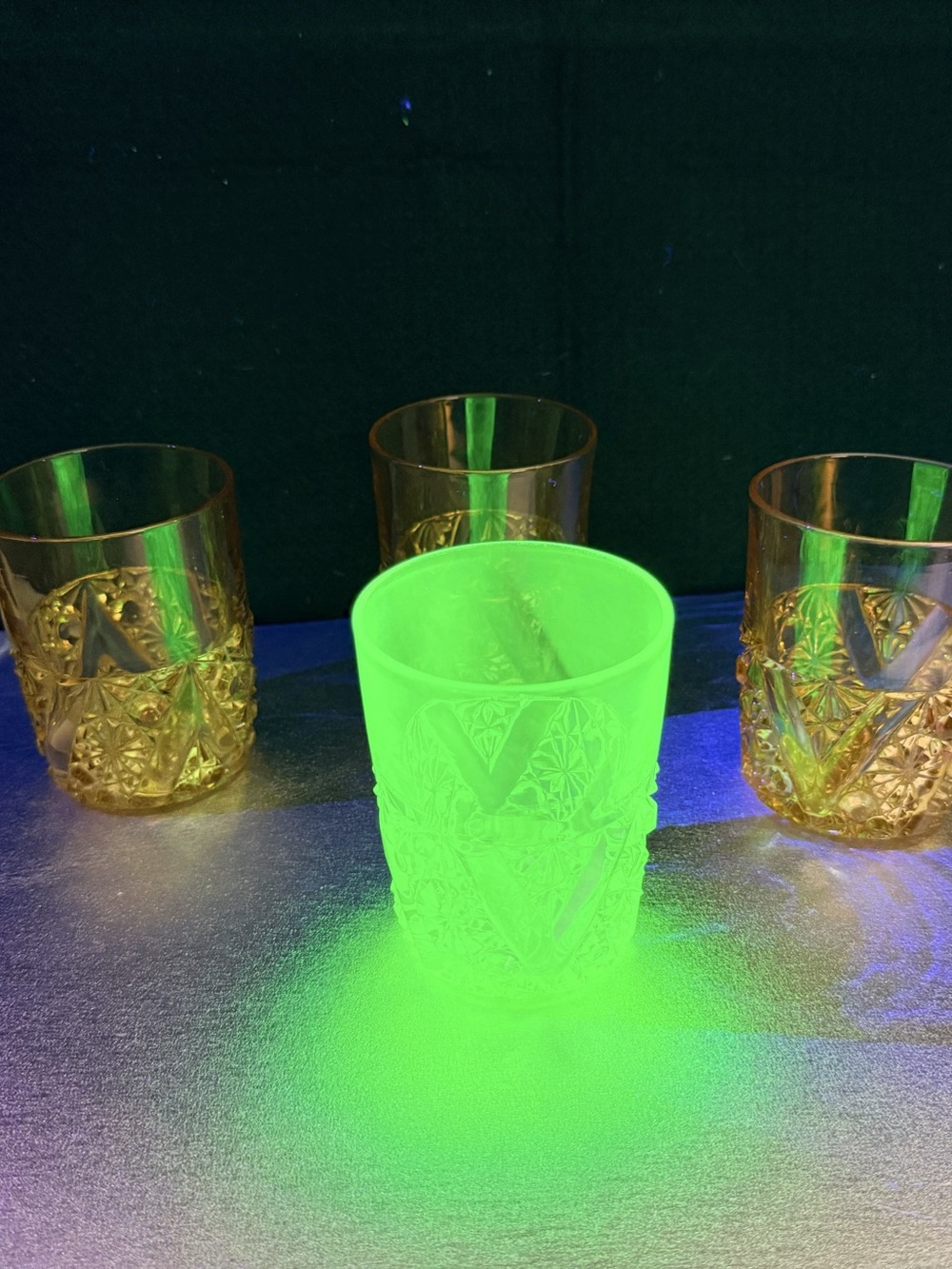 4 Antique 1886 Richards Hartley Mikado Glass Tumblers Amber Vaseline EAPG